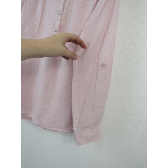 Sigrid Olsen Small 100% Linen Baby Pink Popover Blouse Roll Tab Sleeves Crewneck - Picture 2 of 5